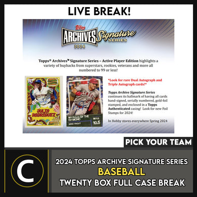 2024 TOPPS ARCHIVE SIGNATURE SERIES ACTIVE BASEBALL 20 BOX (FULL CASE) BREAK #A3130 - PICK YOUR TEAM