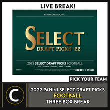 Load image into Gallery viewer, 2022 PANINI SELECT DRAFT PICKS FOOTBALL 3 BOX BREAK #F1075 - PICK YOUR TEAM