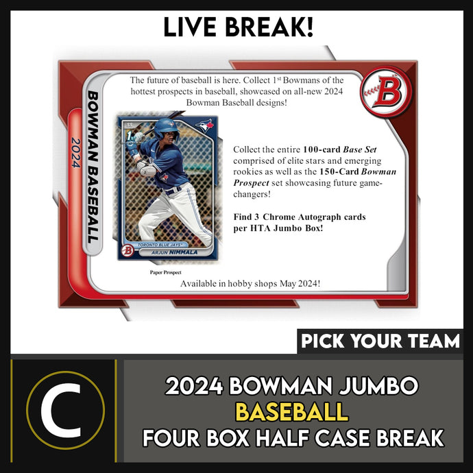 2024 BOWMAN BASEBALL JUMBO 4 BOX (HALF CASE) BREAK #A3164 - PICK YOUR TEAM