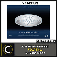 Load image into Gallery viewer, 2024 PANINI CERTIFIED FOOTBALL 1 BOX BREAK #F3191 - PICK YOUR TEAM