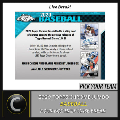 2020 TOPPS CHROME JUMBO BASEBALL 4 BOX (HALF CASE) BREAK #A1083 - PICK YOUR TEAM