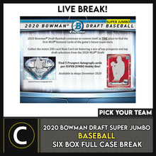 Load image into Gallery viewer, 2020 BOWMAN DRAFT SUPER JUMBO BASEBALL 6 BOX CASE BREAK #A1078 - PICK YOUR TEAM