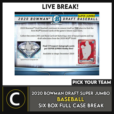 2020 BOWMAN DRAFT SUPER JUMBO BASEBALL 6 BOX CASE BREAK #A1078 - PICK YOUR TEAM