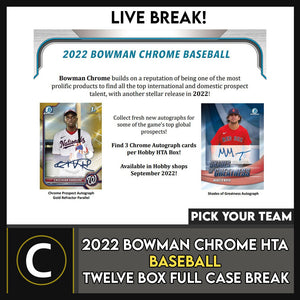 2022 BOWMAN CHROME HTA BASEBALL 12 BOX (FULL CASE) BREAK #A1606 - PICK YOUR TEAM