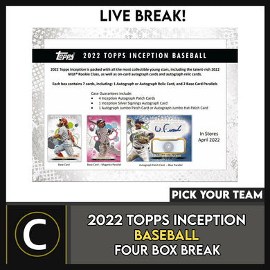 2022 TOPPS INCEPTION BASEBALL 4 BOX BREAK #A1400 - PICK YOUR TEAM