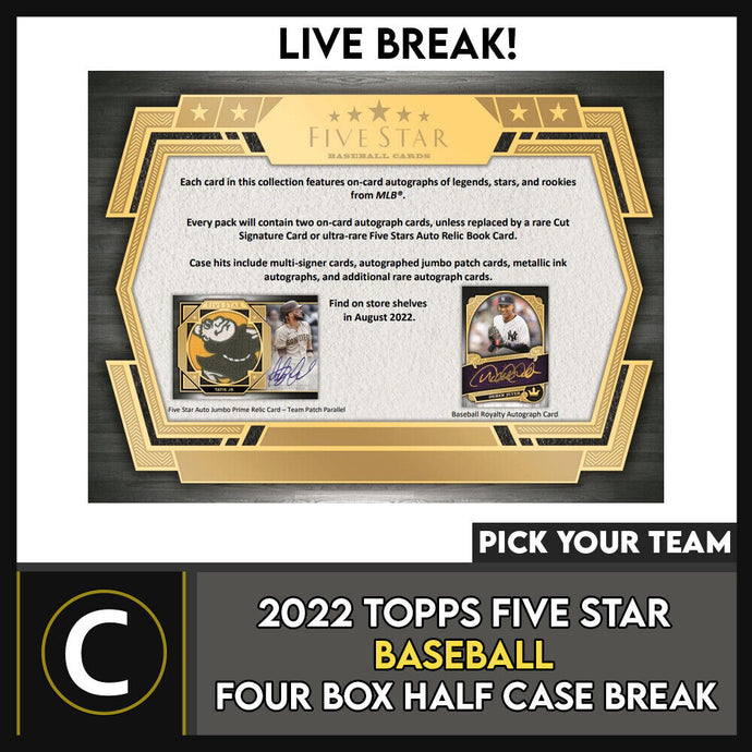 2022 TOPPS FIVE STAR BASEBALL 4 BOX (HALF CASE) BREAK #A1646 - PICK YOUR TEAM