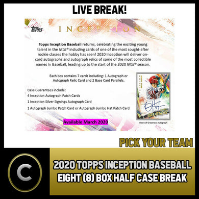 2020 TOPPS INCEPTION BASEBALL 8 BOX (HALF CASE) BREAK #A773 - PICK YOUR TEAM