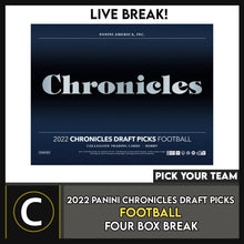 Load image into Gallery viewer, 2022 CHRONICLES DRAFT PICKS FOOTBALL 4 BOX BREAK #F961 - PICK YOUR TEAM