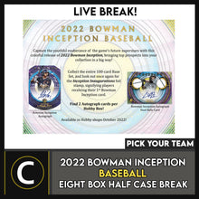 Load image into Gallery viewer, 2022 BOWAN INCEPTION BASEBALL 8 BOX (HALF CASE) BREAK #A1698 - PICK YOUR TEAM