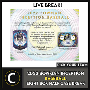 2022 BOWAN INCEPTION BASEBALL 8 BOX (HALF CASE) BREAK #A1698 - PICK YOUR TEAM