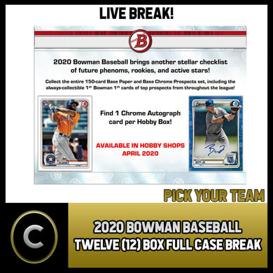 2020 BOWMAN BASEBALL 12 BOX (FULL CASE) BREAK #A1365 - PICK YOUR TEAM