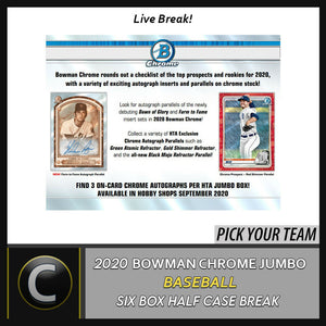 2020 BOWMAN CHROME JUMBO BASEBALL 6 BOX (HALF CASE) BREAK #A857 - PICK YOUR TEAM